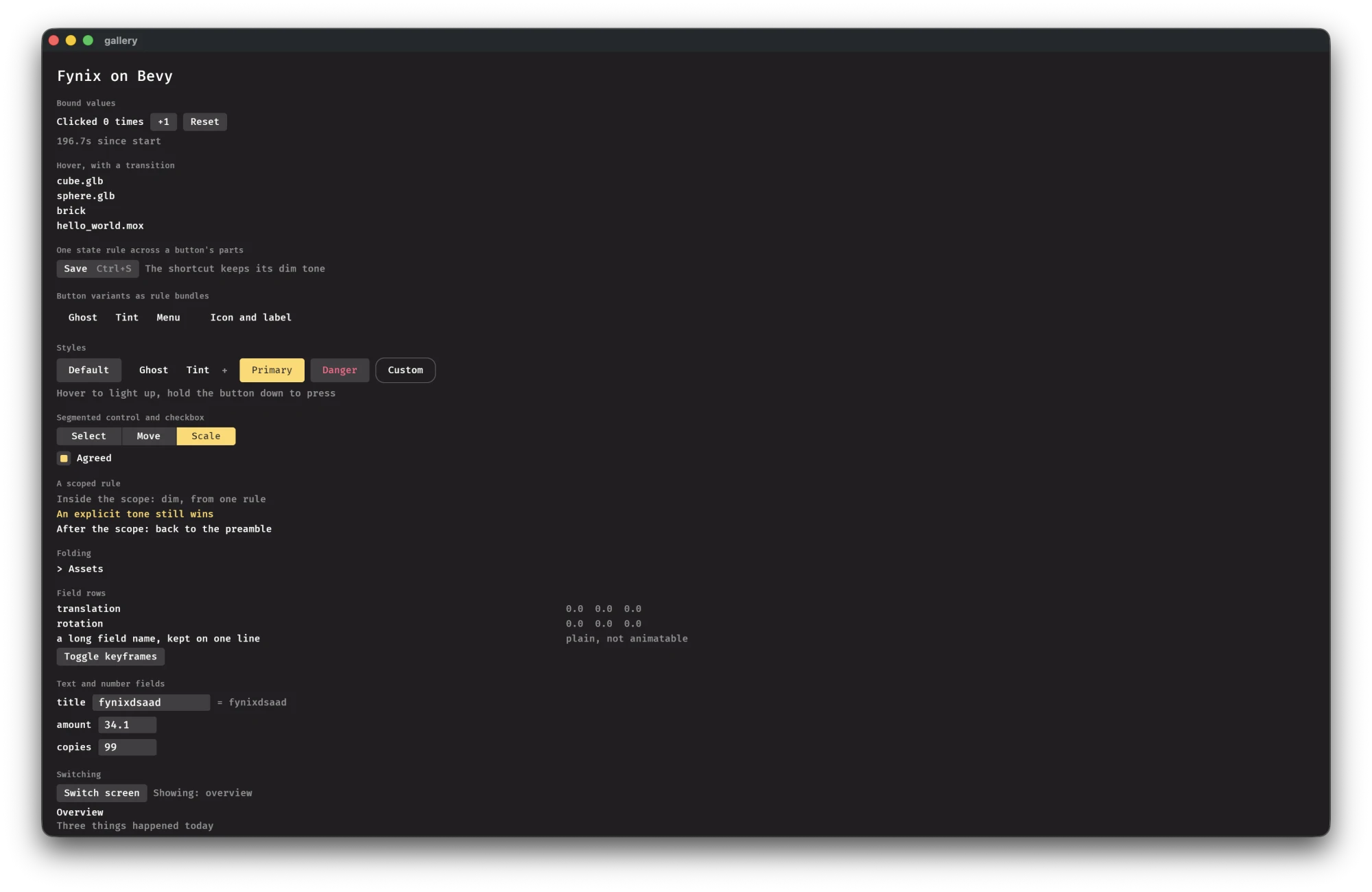 The Bevy Fynix gallery example: buttons in each look, a keyed list, popups and docked panes